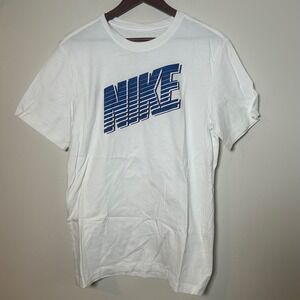 Nike Graphic T-Shirt Mens Medium White Blue Striped Logo Crew Neck Short Sleeve